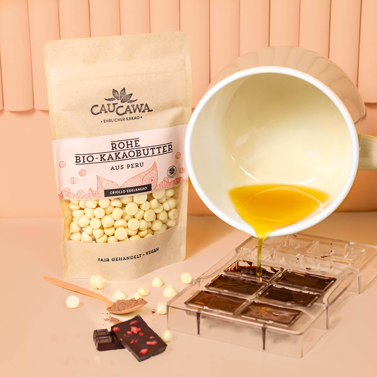 Bio Kakaobutter aus Peru, roh, Rohkakao duftend und nicht desodoriert 150g - CauCawa - Ehrlicher Kakao