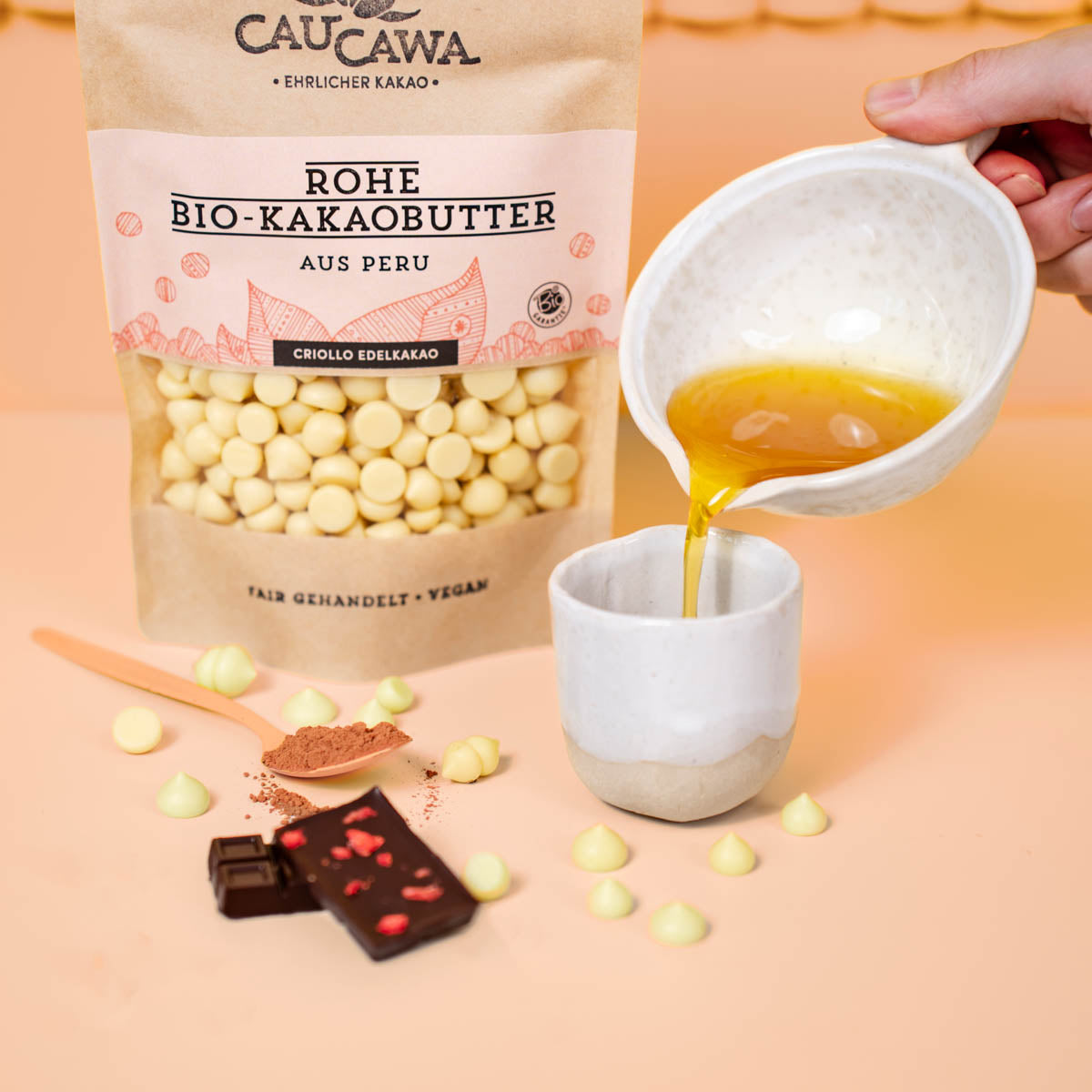 Bio Kakaobutter aus Peru, roh, Rohkakao duftend und nicht desodoriert 150g - CauCawa - Ehrlicher Kakao